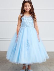 Little girl modeling a light blue flower girl dress