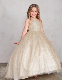 Little girl modeling a gold/ivory flower girl dress