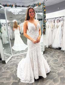 Lovely bridal beginnings modeling a Maja Bella wedding dress in front of the tri mirror at Pittsburgh MB Bride