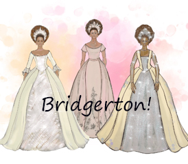 A drawing of queen-inspired styled wedding dresses modeled by three people.