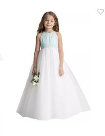 Small girl holding flowers modeling a white a line flower girl dress